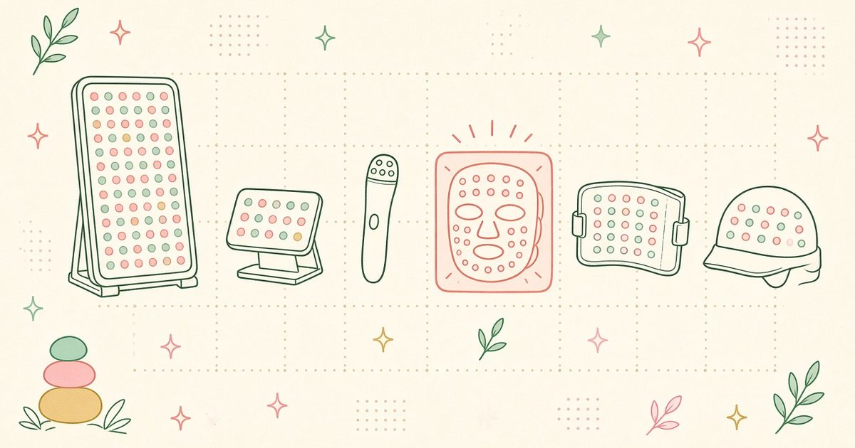 Line drawings of red light therapy devices: full-body panel, desk panel, wand, LED mask, wrap pad and cap