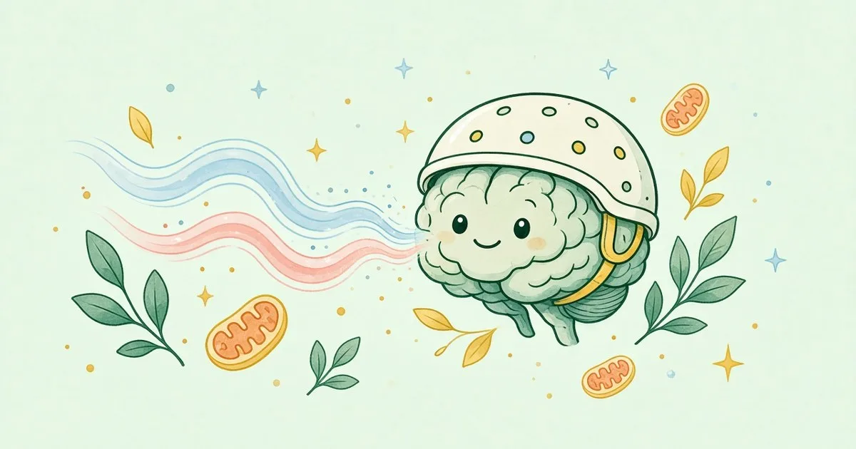 Doodle of a smiling brain wearing a light helmet with soft red and near-infrared light waves