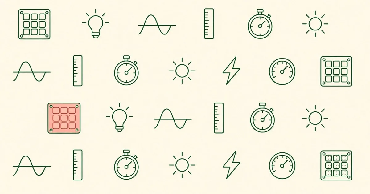 Line-icon grid of LED panels, wavelengths, rulers and timers with one panel highlighted