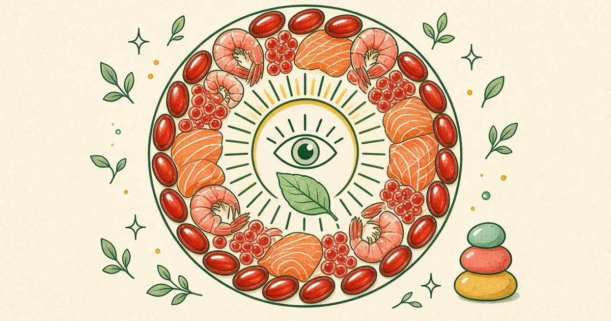 Astaxanthin softgels, shrimp and salmon in a circle
