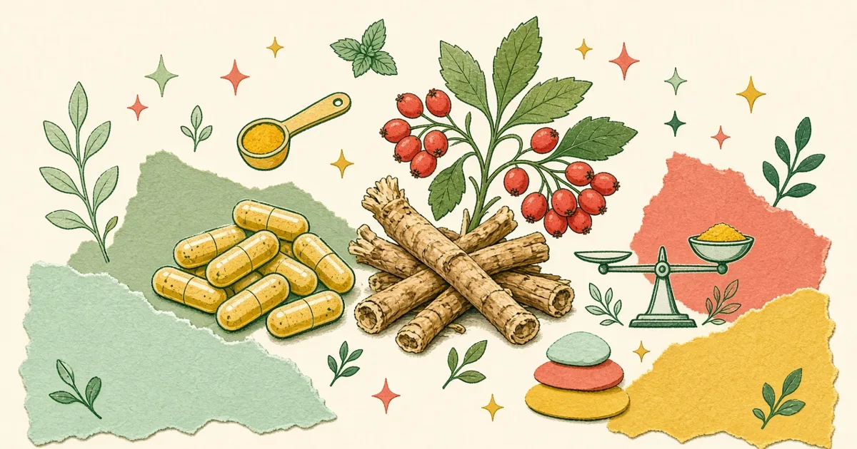 Berberine capsules, barberries and goldenseal root collage