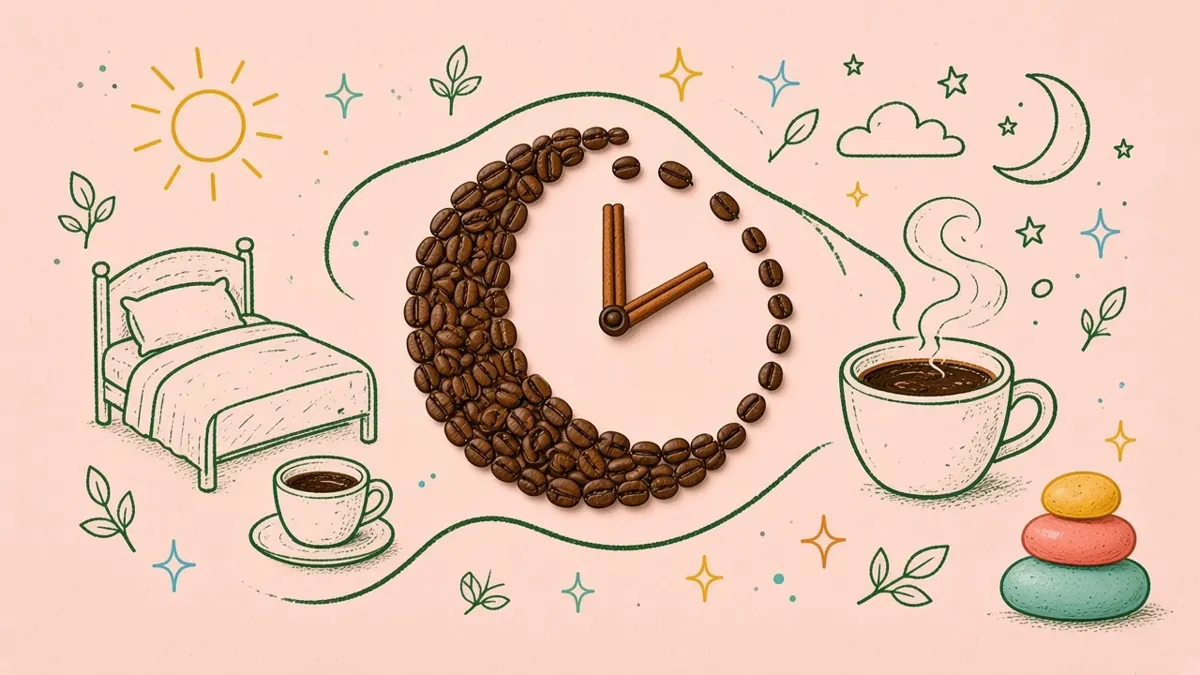 Illustration of a coffee cup beside a clock and moon, showing caffeine timing before sleep.