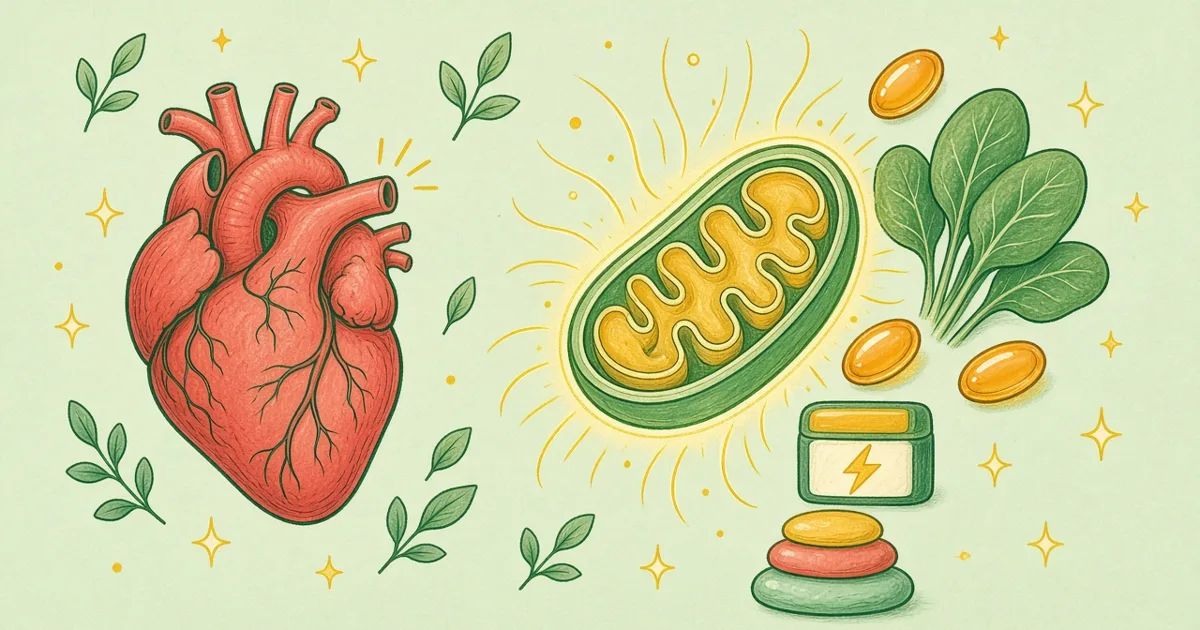 Heart and glowing mitochondrion with CoQ10 softgels
