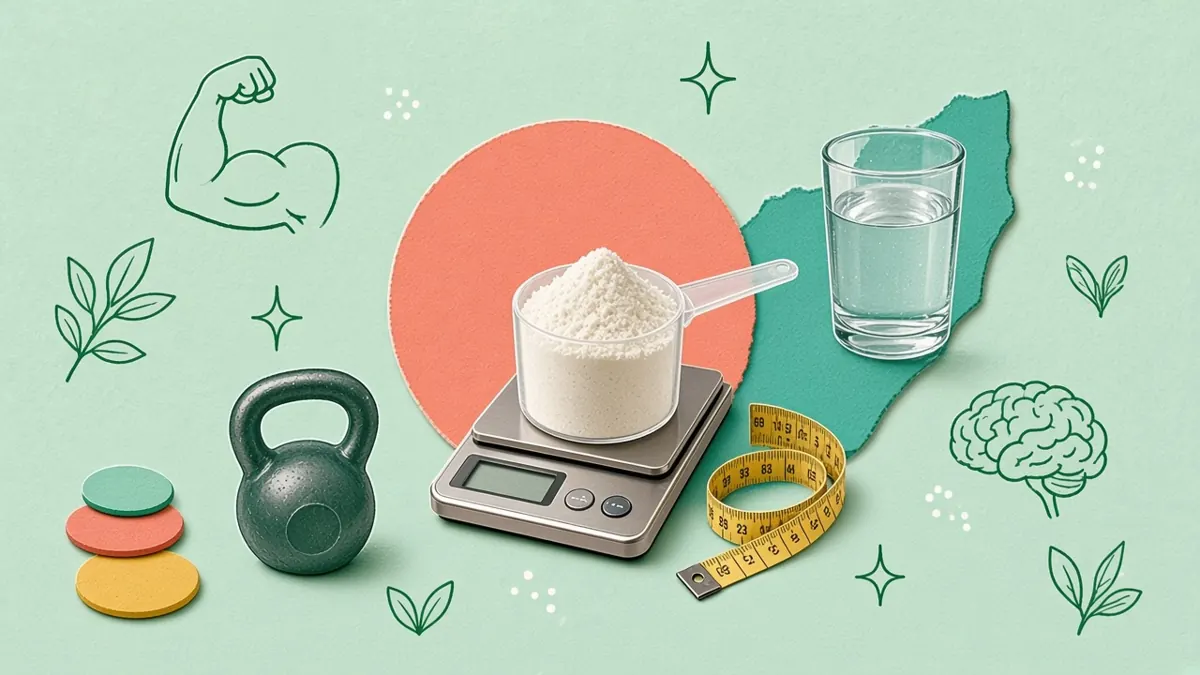 Illustration of a creatine scoop on a kitchen scale with a kettlebell and water glass.