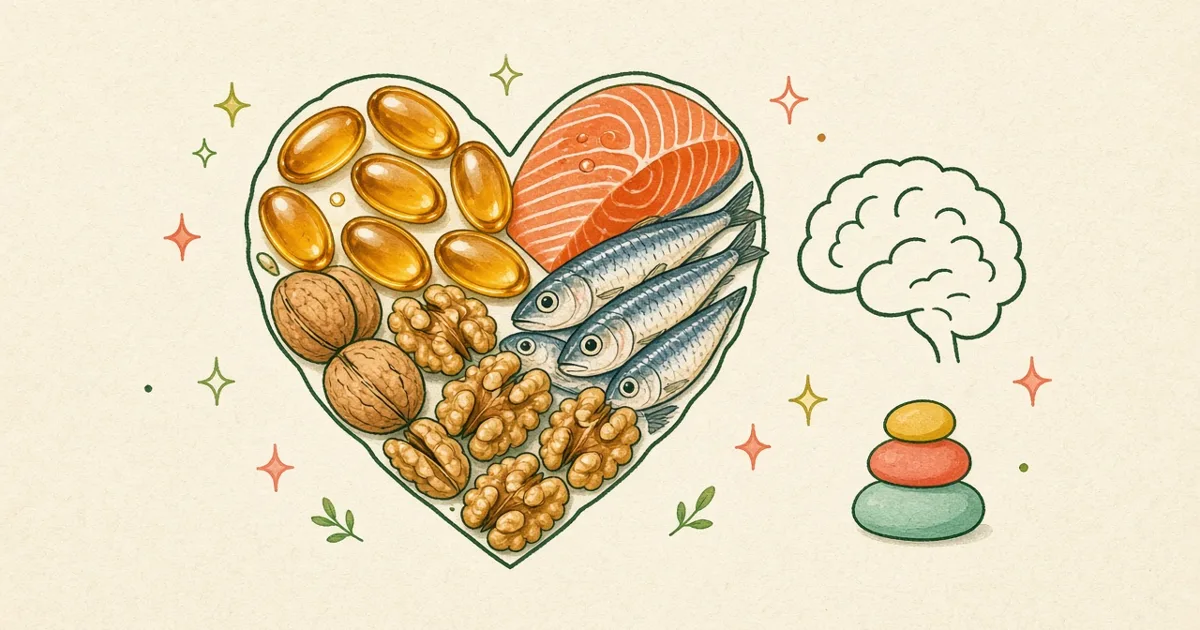 Omega-3 softgels, salmon, sardines and walnuts forming a heart