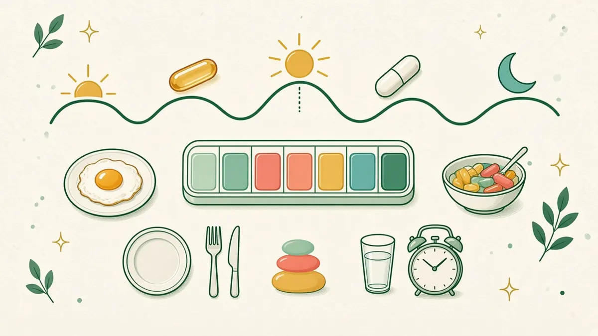 Illustration of supplement bottles arranged along a daily timeline with meal markers.