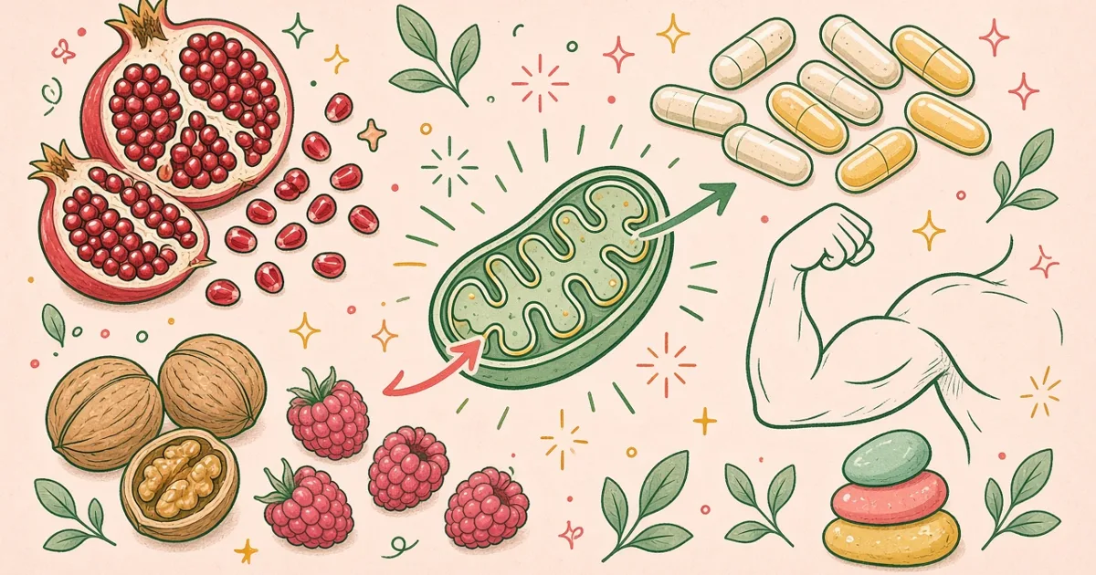 Pomegranate, walnuts and berries around a mitochondrion