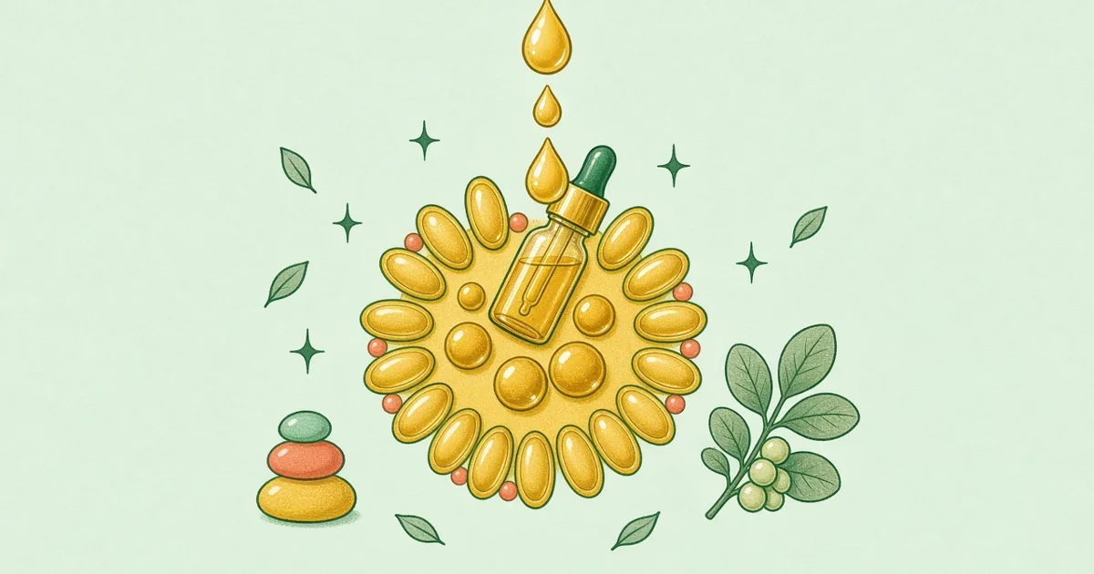 Vitamin D3 softgels forming a sun with a K2 sprig